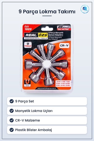 9 Parça Manyetik Somun Adaptör Lokma Takımı 5 Mm 13 Cr-v Araç Tam