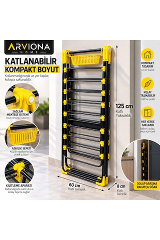 Arvıona 190 Cm Kanatlı Çamaşır Kurutmalığı Mandal Sepetli Metal Sarı - Siyah