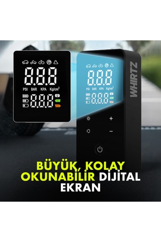 Whirtz 150 Psı Taşınabilir Şarjlı Hava Pompası – Dijital Ekranlı, Led Işıklı, Powerbank
