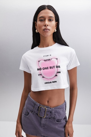 Ethıquet MORAN Kadın %100 Pamuk Beyaz - Pembe baskılı T-Shirt