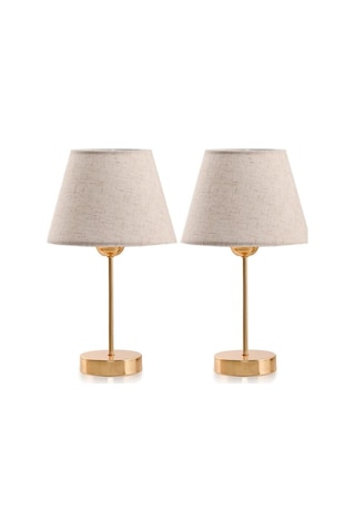 Star Gold Ayaklı Abajur Keten Krem Kumaş Başlık Yatak Odası Salon Masa Lambası 2 Adet Krem - Gold