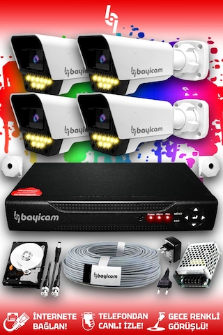Bayicam 4 Kameralı Süper 4 Dış Kamera Set 250 GB 5 MP 2K Renkli Gece Görüşlü Güvenlik Kamerası Sistemi