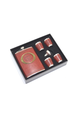 1 Adet Matara Derili 9 Oz 266 Ml Set, 4 Shot Bardaklı, Seyahat Flask, Hip Flask Sarı