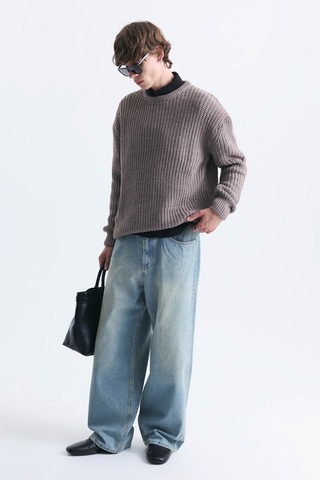 Vamos Oversize Basic Triko Kazak Bej Melanj