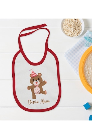 Arba BK Kids Kişiye Özel Sevimli Ayı Tasarımlı Kırmızı Bebek Mama Önlü Kırmızı