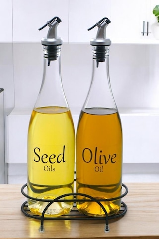 Digithome Pure 2'li Siyah Metal Standlı Yağdanlık Seti Şeffaf Etiketli Cam Yağlık 750 Ml Cys-13 Siyah