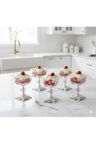 Çnr Home Collection Kare 6 Parça Döküm Ayakli Sunum Seti Magnolia Dondurmalik Cup Çerezlik Gümüş