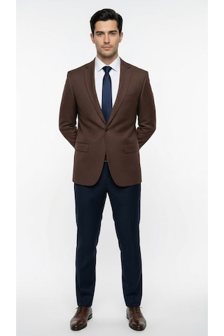 Plus Scorpion Erkek Blazer Ceket Twill Dokuma Likralı Notch Yaka 1 Düğmeli Çift Yırtmaçlı Slim Fit Kahverengi