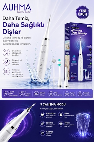 Ultrasonic Şarjlı Elektrikli Akıllı Diş Temizleme Cihazı Beyazlatıcı 5 Mod 3+1 Başlık, Ipx8 Su Geçirmez Siyah