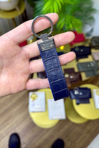 Lacivert Croco Hakiki Deri Premium Anahtarlık Kişiye Özel İsim Baskılı