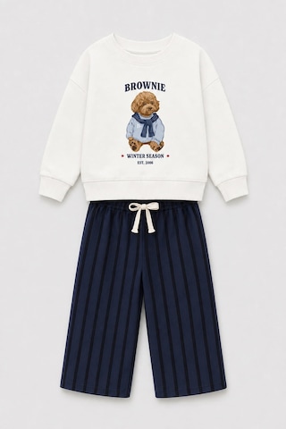 Monila Erkek Çocuk Ekru Ayıcık Baskılı Sweatshirt Ve Lacivert Çizgili Eşofman Alt Üst Takım