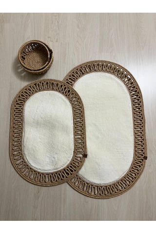Senza Atelier Lüks 4 Lü Banyo & Antre Seti Krem Peluş Dokulu, Fırfırlı Jüt Halat Paspas Takımı Ve 2 Li Sepet Beyaz - Sarı