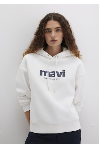 Mavi - Mavi Logo Baskılı Kapüşonlu Ekru Sweatshirt 168334-81964 Beyaz