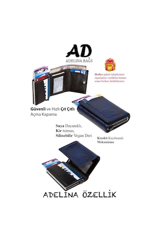 Adelina Bags Adelina Unisex Lacivert Alüminyum Mekanizmalı Kızaklı Kartlık Cüz Lacivert