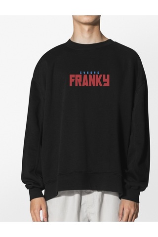 Unisex Siyah Franky Baskılı Hoodie Oversize Kapşonsuz Sweatshirt Siyah