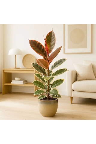Pembe Alacalı Kauçuk Bitkisi Parlak Yapraklı Ficus Elastica 60-70 Cm