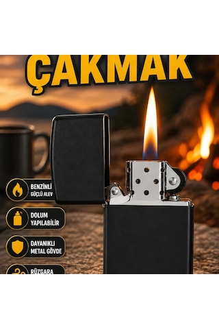 Doldurulabilir Siyah Metalik Benzinli Çakmak Şık Tasarım