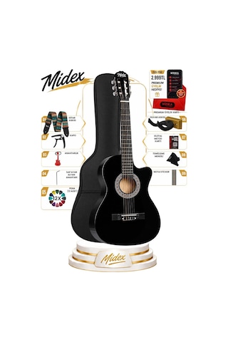 Midex CG - 395BK Siyah Klasik Gitar 4/4 Sap Ayarlı Kesik Kasa Full Set (Çanta Askı Pena)