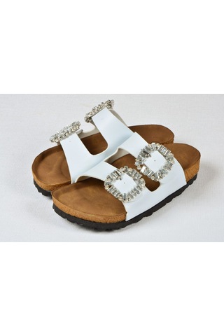 Kız Çocuk Mantar Tabanlı Çift Tokalı Ortopedik Birkeen Arizona Taşlı Terlik Beyaz