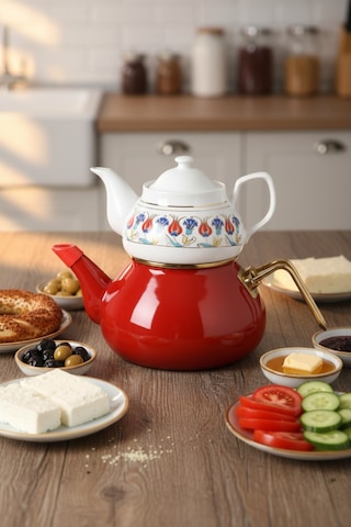 Kırmızı Dik Lale Desenli Porselen Üst 650 Ml Kırmızı Emaye Alt 1,25 Lt Çaydanlık Seti