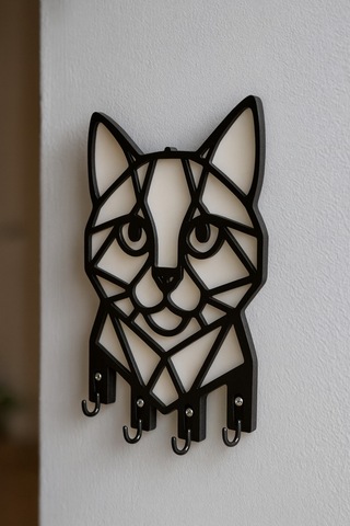 Kedi Figürlü Duvar Tipi Dekoratif Anahtarlık Askılığı Siyah - Beyaz