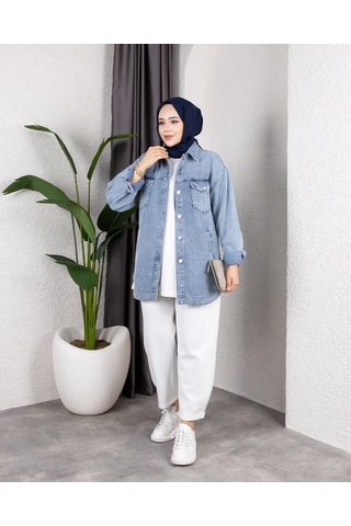 Hb Harma Time Butik Kadın Yıkamalı Cepli Denim Kot Mavi Ceket