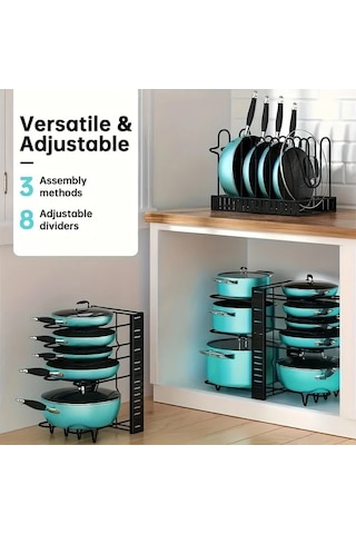 Honeybeeshop Siyah- Çok Yönlü Mutfak Düzenleyici Kapaklı Ayarlanabilir Tencere Tava Rafı Ev Restoran Kullanım Demir Depolama Rafı Siyah-