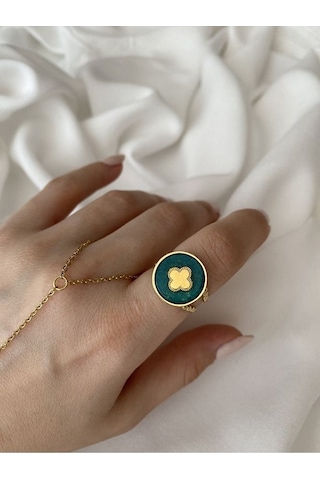 Vintage Gold Yonca Detaylı Yeşil Kararmaz Ayarlanabilir Çelik Yüz Altın