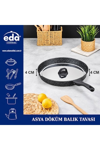 Eda Asya Döküm Granit Metal Kapaklı Balık Tavası Siyah
