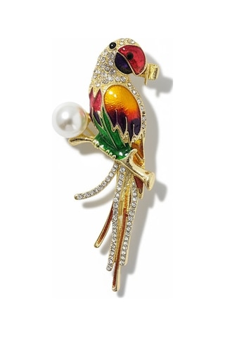 Papağan Broş 5 Cm Zirkon Taşlı İnci Detaylı Gold Renk Renkli
