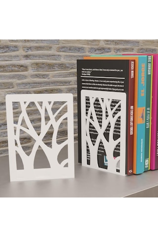 Tasagram Beyaz Ağaç Desenli Metal Kitap Tutucu