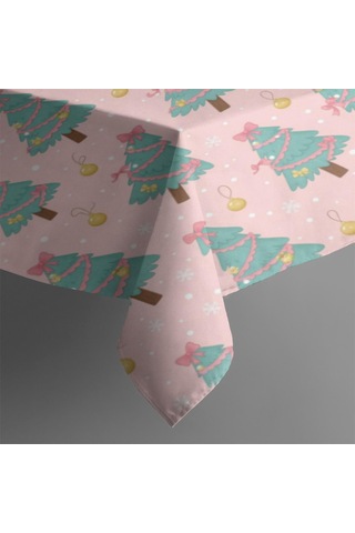 Noel Desenli Dikdörtgen Masa Örtüsü 60x84 İnç, Su Geçirmez Ve Leke Tutmaz Noel Ağacı Kurdele