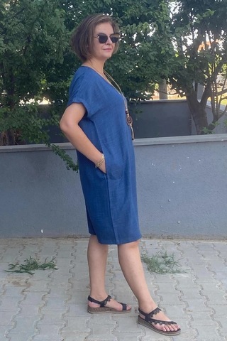 Mia Butik Büyük Beden Lacivert Kolye Hediyeli Salaş Elbise Lacivert