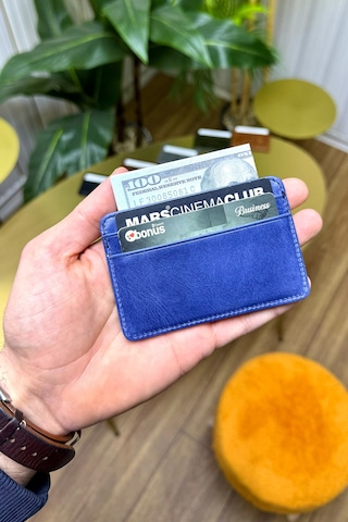Unisex Buz Mavisi Mini Design Hakiki Deri Kartlık Cüzdan Erkek - Kadın Mavi