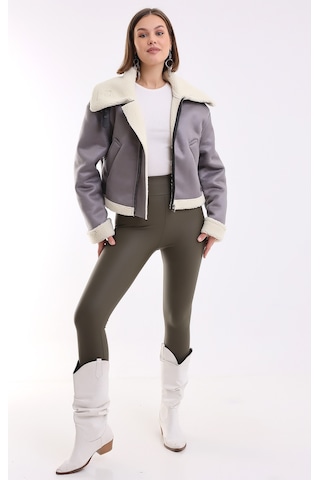 Winmoda34 Içi Kürk Astarlı Biker Kısa Ceket Gri