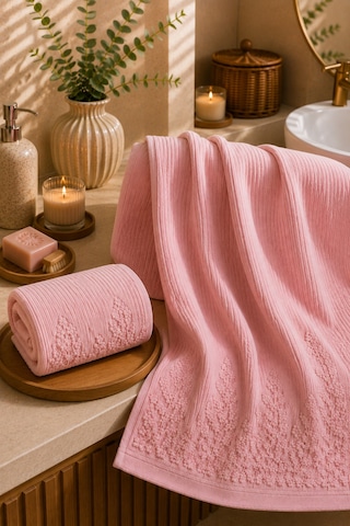 Çiçek Desenli 2 Li Banyo Havlu Seti 50 90 Baş Havlusu + 90 150 Banyo Havlusu - Pembe