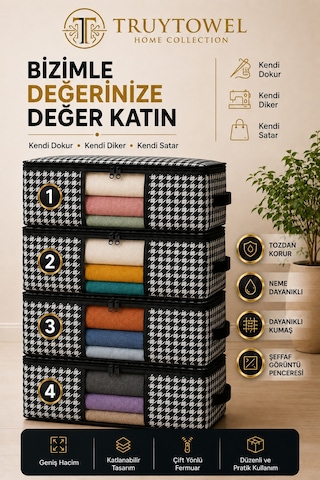 4'lü Fermuarlı Kazak Hurcu 65x45x22 Cm Dolap Düzenleyici Giysi Saklama Hurcu Çok Amaçlı Organizer Siyah Pencereli