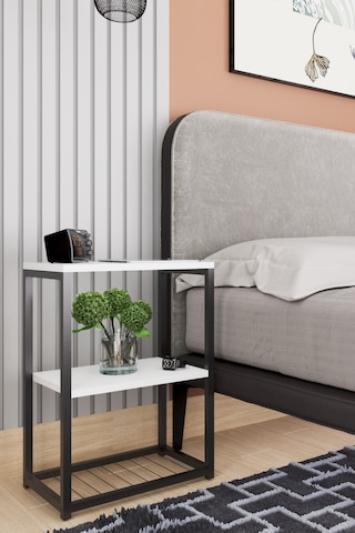 Metal Ayaklı Ve Ahşap Raflı Dekoratif Komodin Beyaz Beyaz