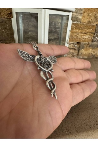 Yılan & Kuru Kafa & Pagan Yıldızı Unisex Kolye 60 Cm Zincirli, Gotik Güç Ve Koruma Temalı Tasarım Çok renkli