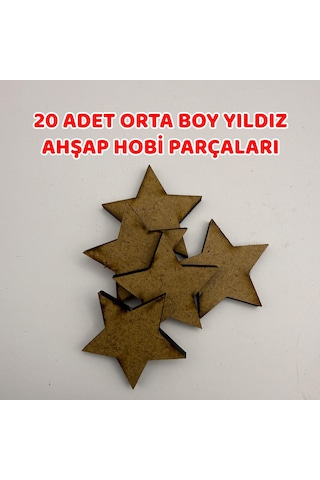 20 Adet Orta Boy Yıldız Ahşap Hobi Parçaları 35mm X 4mm Mdf Lazer Kesim-739 04