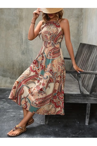 Kadın Boyundan Bağlamalı Lastikli Desenli Kolsuz Süpremuzunelbise