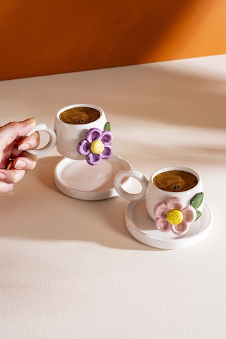 Rivaistanbul Göz Desenli Amore El Yapımı Seramik Double Kahve Fincanı Mug Kupa Krem