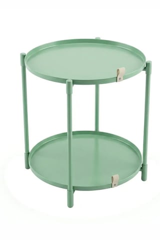 Çift Tepsili Katlanır Orta Yan Yuvarlak Sehpa Metal Ayak - Modern Sehpa 50cm 44 Cm Tepsi Deri Kulplu Mint Yeşili