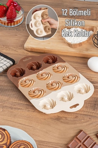 Porsima 185 12'li Silikon Kurabiye Tatlı Kalıbı, Silikon Kalıp Seti, Mini Kek Kalıbı, Çikolata Pişirme Kalıp Açık Kahverengi