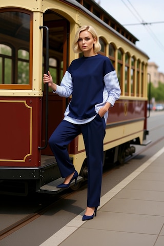 Benerly Kadın Alt Üst Oversize Rahat Kesim Örme Sweatshirt Ve Geniş Paça Lacivert