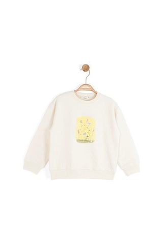 Kız Çocuk Önü Baskılı Boncuk Detaylı Sweatshirt-16130 KREM