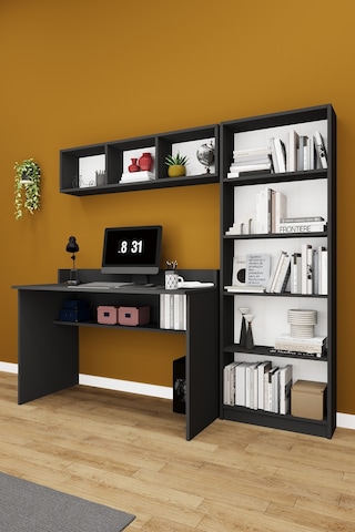 Asra Trend Çalışma Masası Seti ÇMT001 %100 MDF Kitaplıklı Raflı Ofis Takımı Antrasit