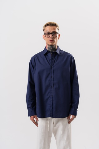Respire Erkek Nakış Detaylı Poplin Oversize Gömlek Lacivert