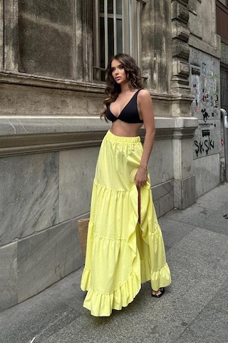 Audrey Fıfrlı Yırtmaç Detay Etek 4037 Sarı