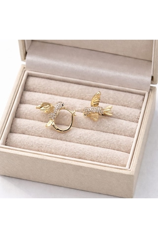 Taşlı Kuş Figürlü Gold Küpe Gold